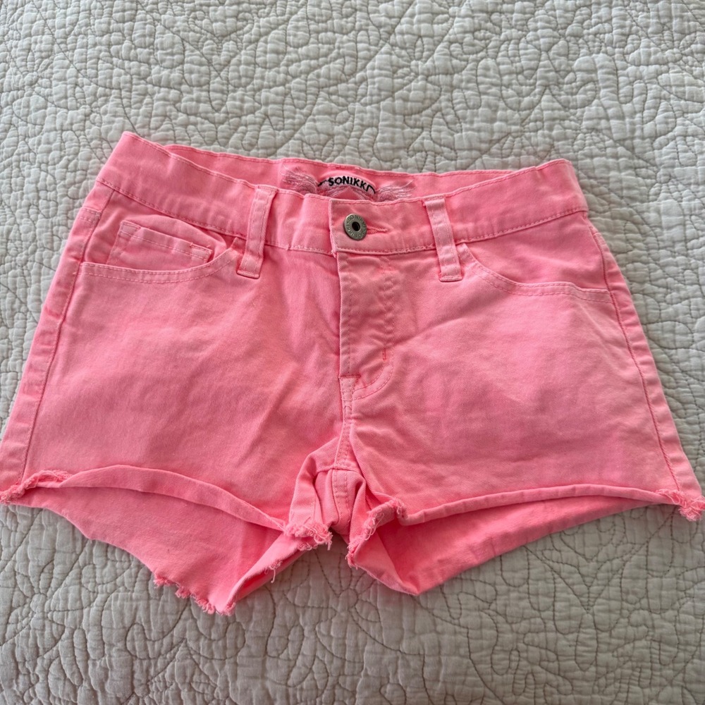 So Nikki Pink Denim Shorts Size 3 Low Rise Y2K Neon Coral Cutoff Festival